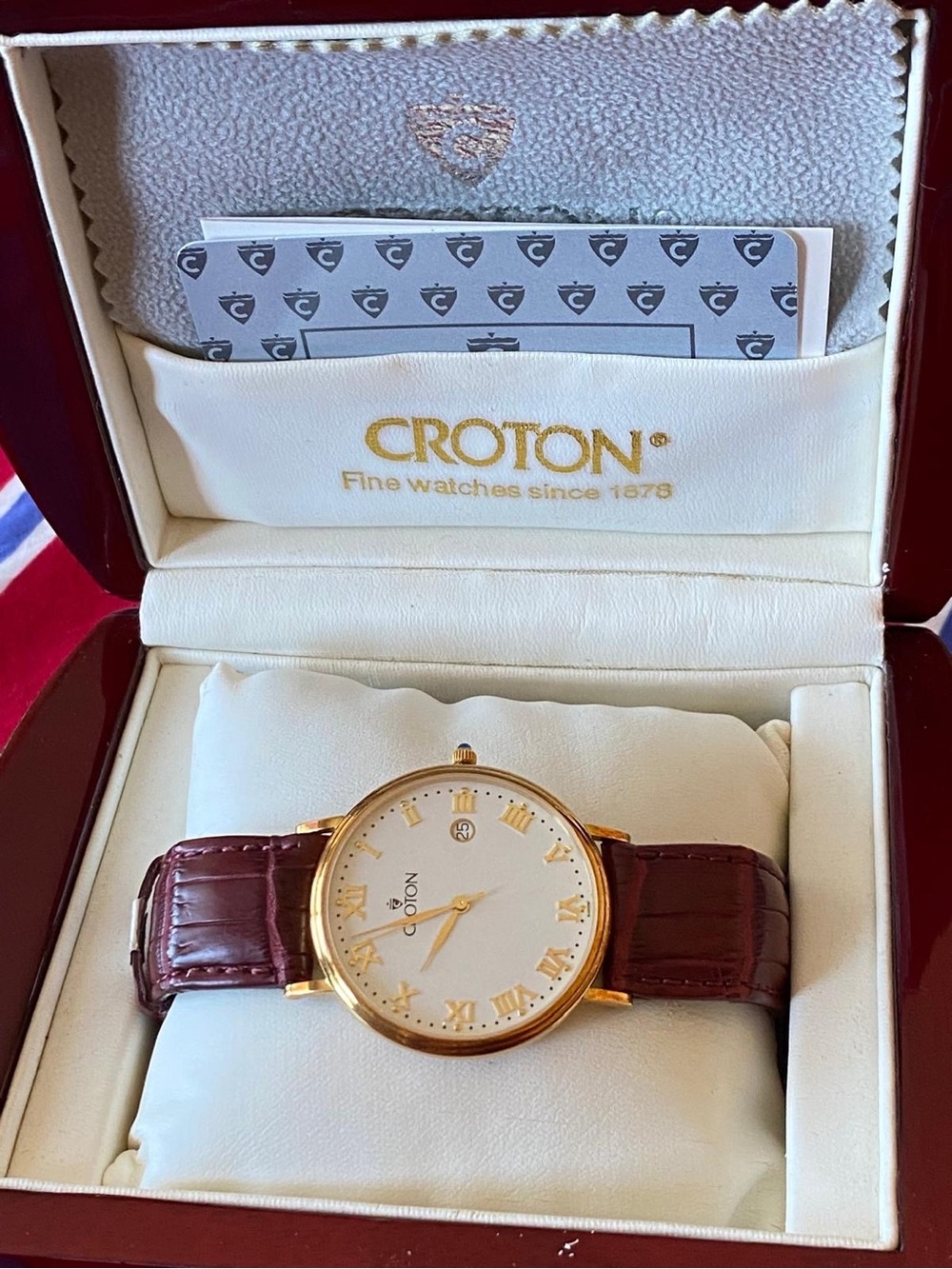Croton Gold Case White Dial Brown Leather Strap Dress Watch